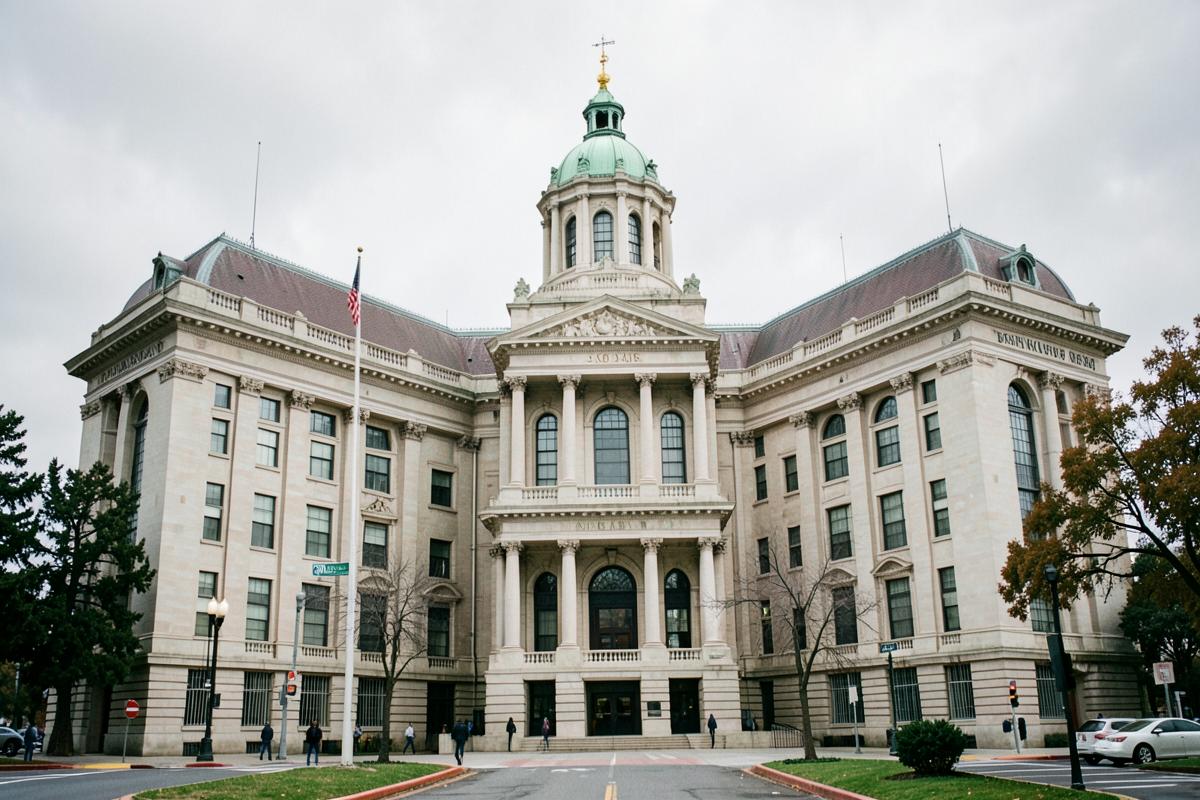 Neoclassical civic government building with a domed tower under overcast sky
