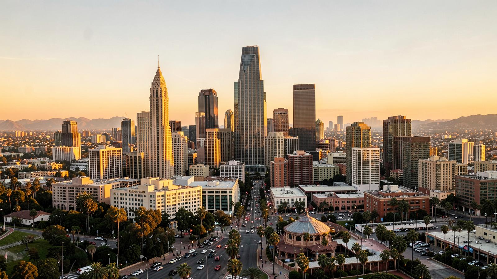 Aerial view of the Los Angeles downtown skyline at golden hour with palm trees and boulevards